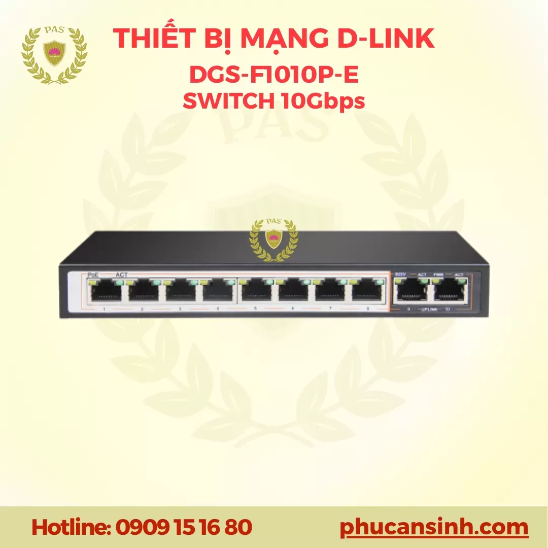 Switch PoE+ 8 cổng Gigabit không quản lý 2 cổng Gigabit Uplink D-Link DGS-F1010P-E