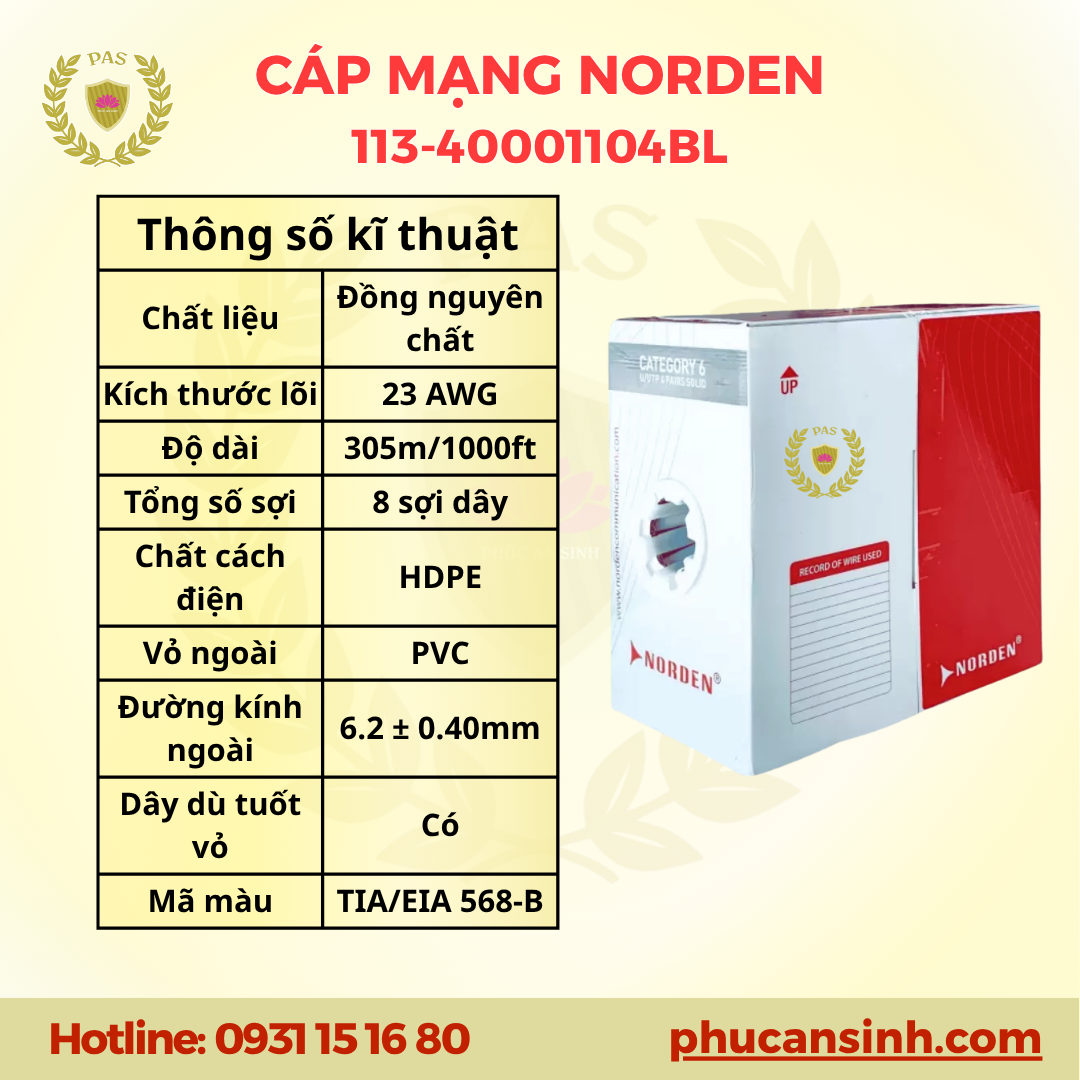 Cáp mạng Norden CAT6 U/UTP 23AWG 4 PAIR 113-40001104BL