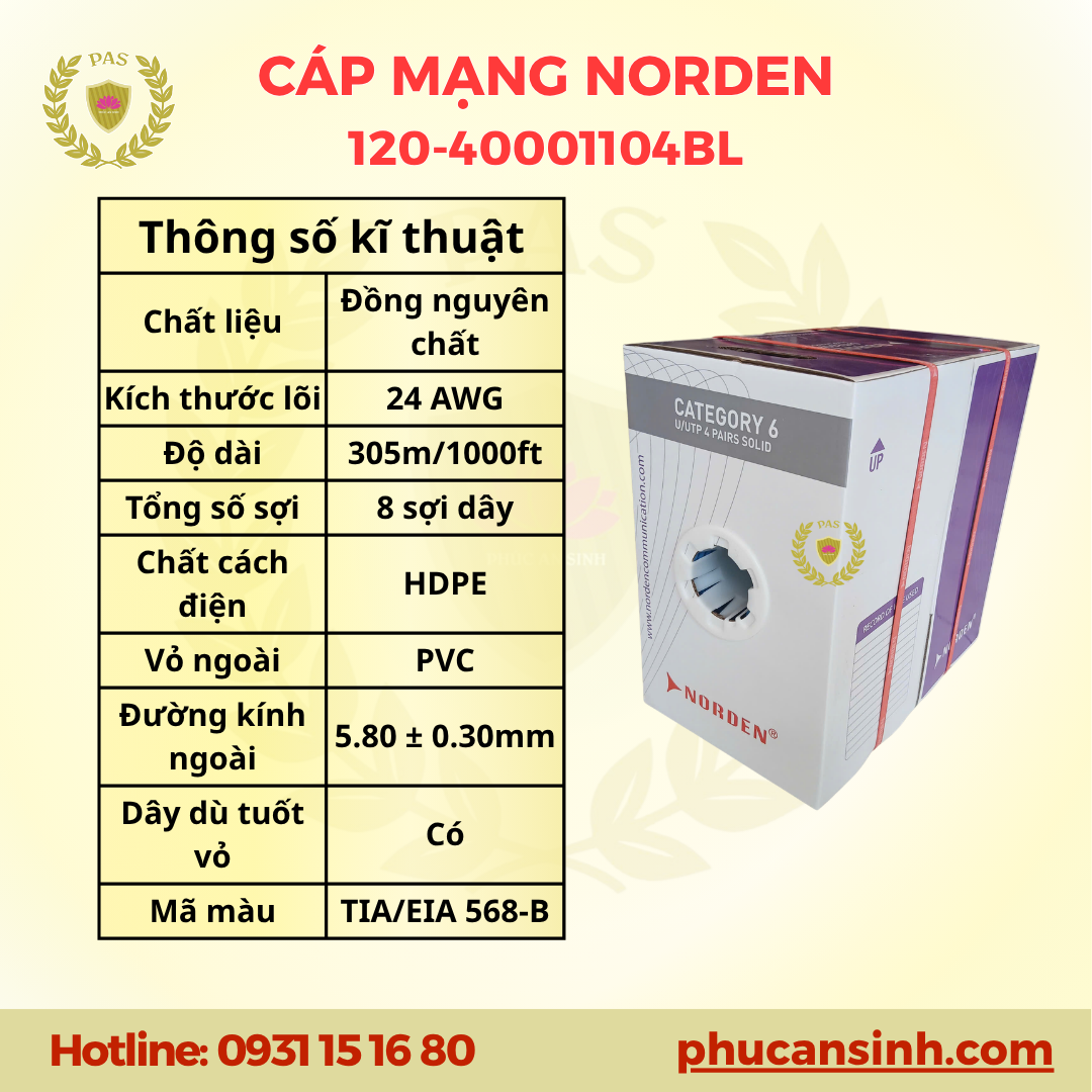 Cáp mạng Norden CAT6 UTP 24AWG 4 PAIR 120-40001104BL | E Series | Xanh Dương 