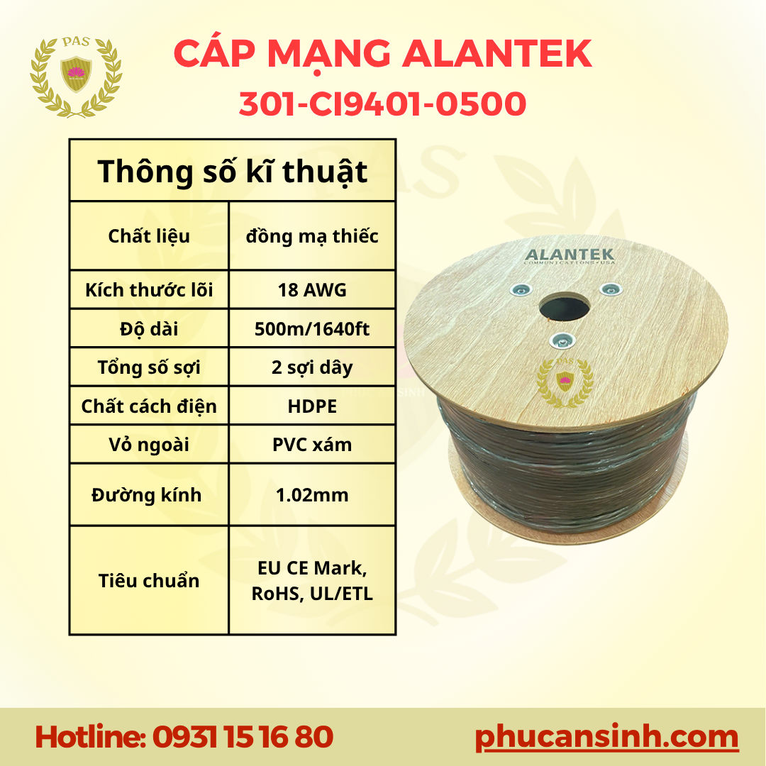Cáp điều khiển 1 đôi 18 AWG chống nhiễu Alantek 301-CI9401-0500