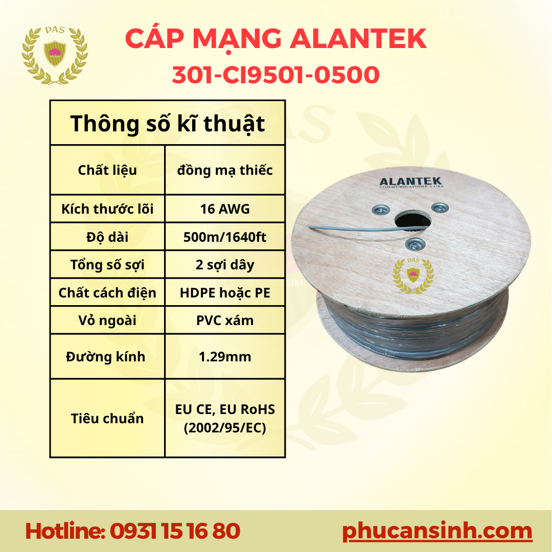 Cáp điều khiển 1 đôi 16 AWG chống nhiễu Alantek 301-CI9501-0500