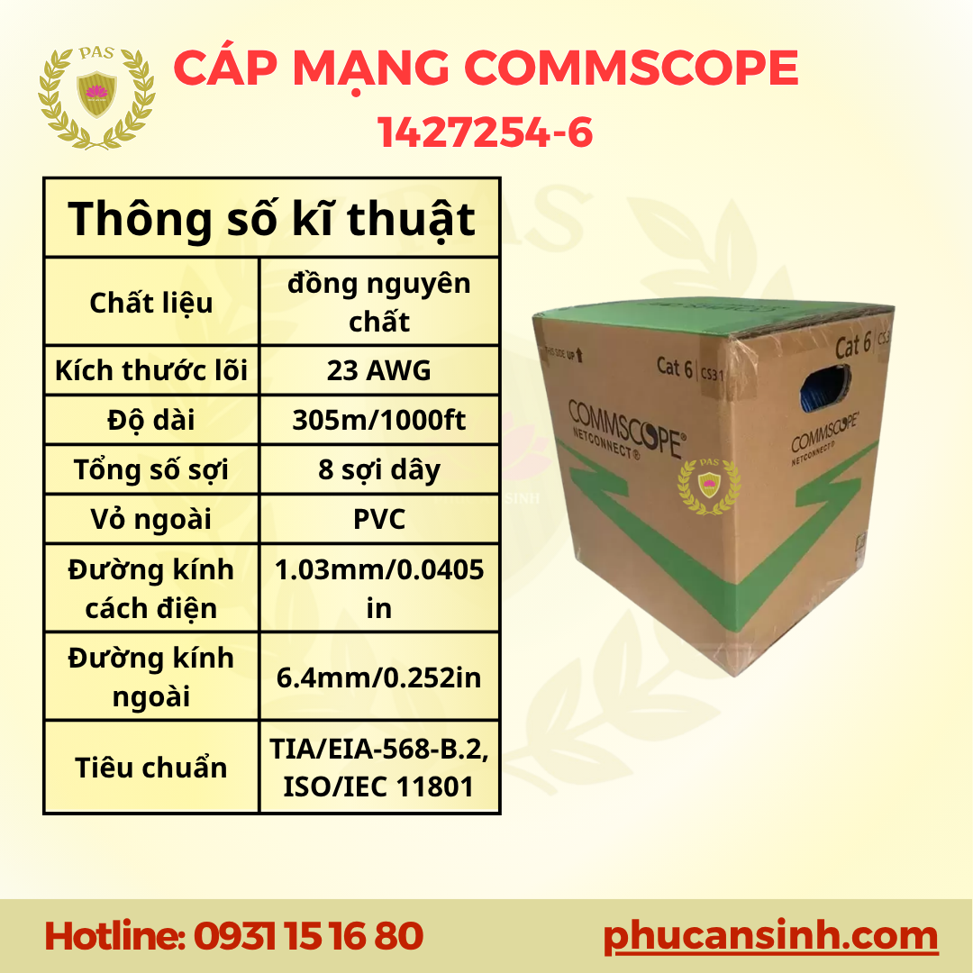 Cáp mạng COMMSCOPE CAT6 UTP 23AWG 1427254-6 305M Chính Hãng