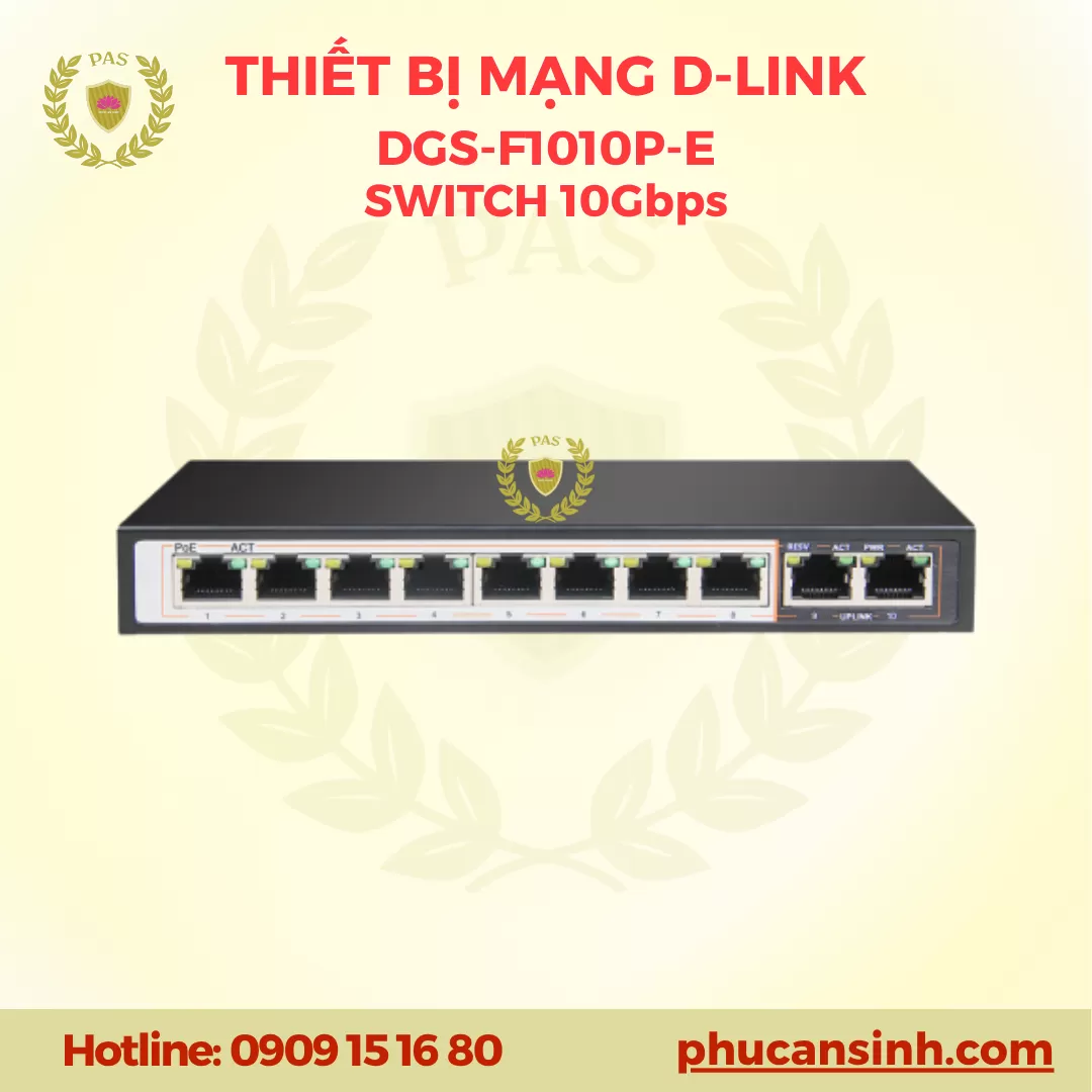 Switch PoE+ 8 cổng Gigabit không quản lý 2 cổng Gigabit Uplink D-Link DGS-F1010P-E